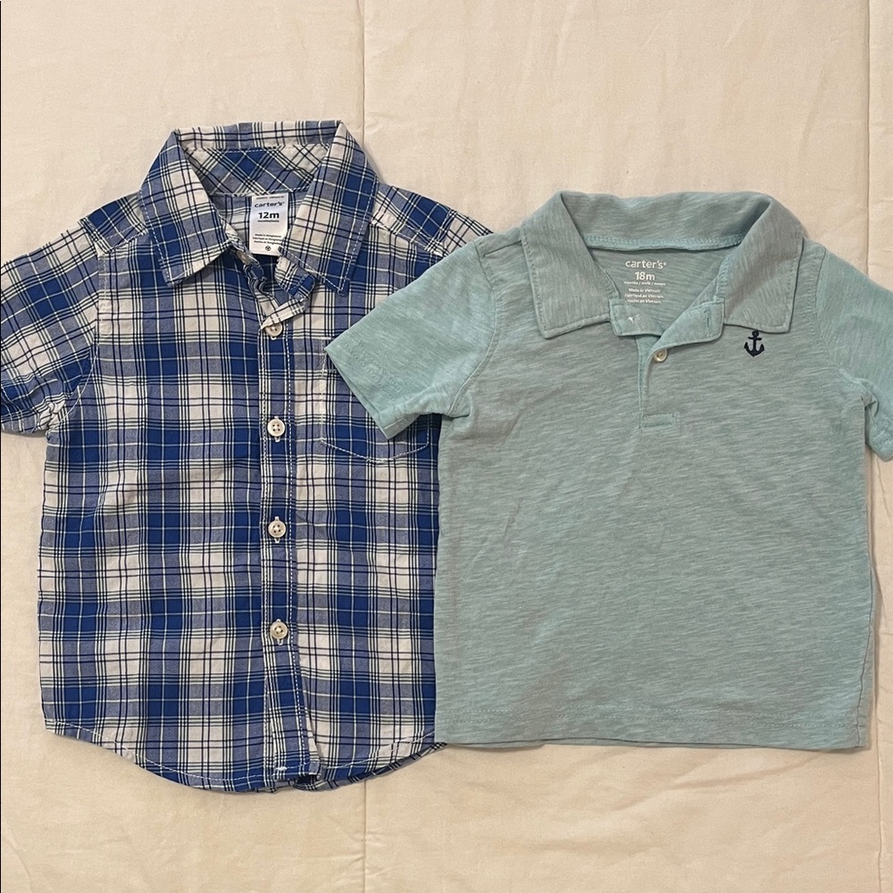 Carter's Anchor Top Bundle - Blue Plaid Button-Down & Aquamarine Polo